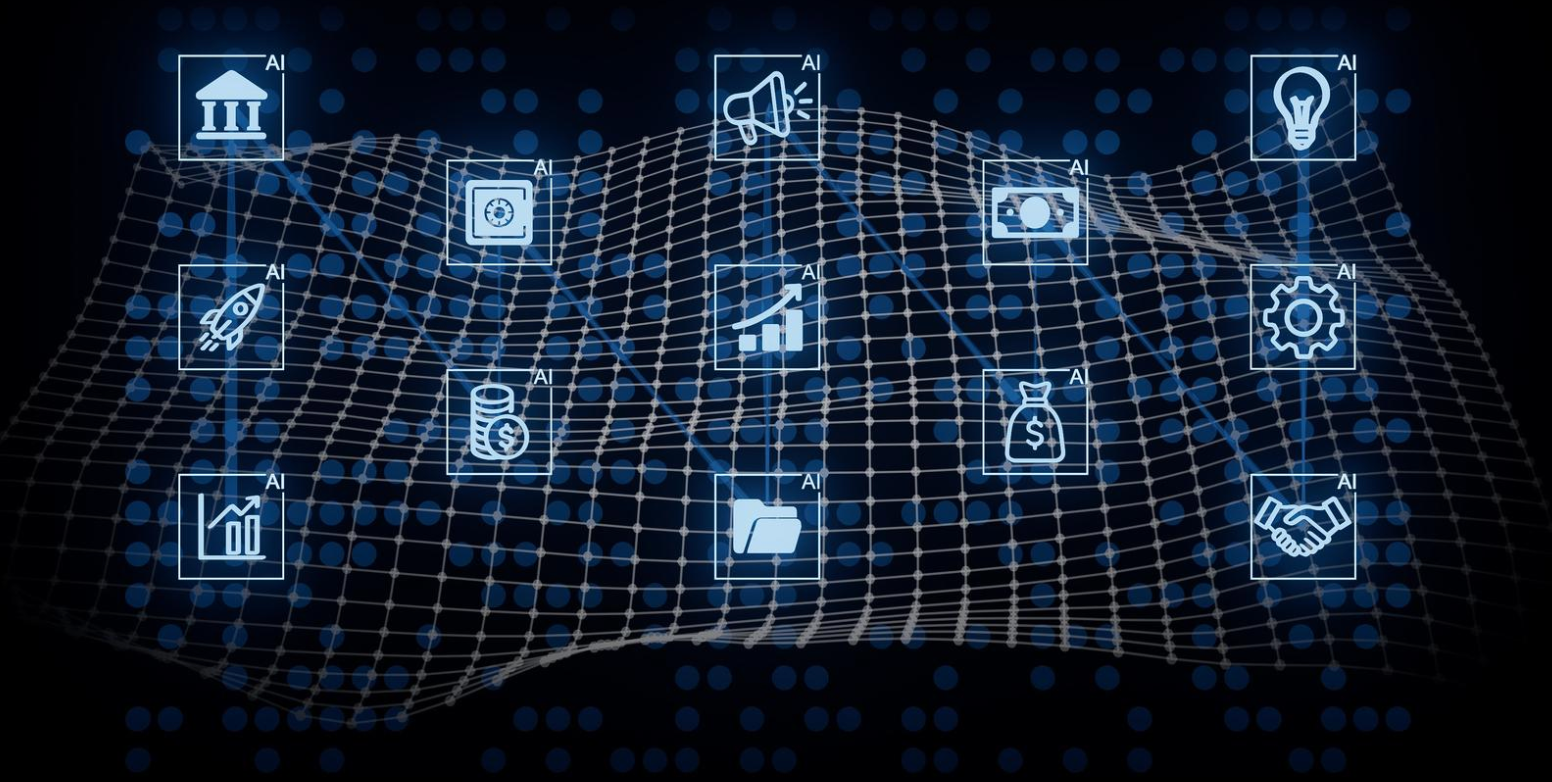 Digital network graphic with icons for finance, technology, and collaboration